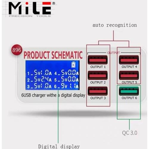 Mile QC3.0 Smart USB Charger LED Display 6 Port Fast Charging For iPhone iPad Samsung Huawei Xiaomi Mobile phone