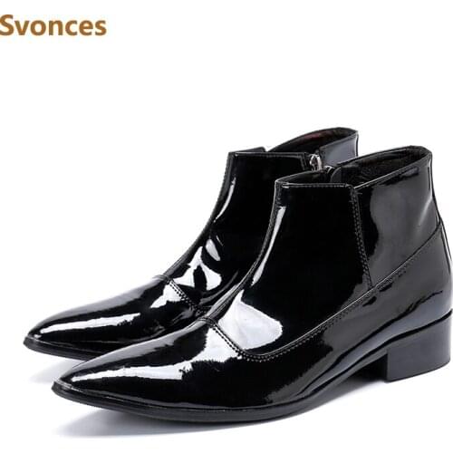 Bling Shinning Leather Fashion Mens Ankle Boots Luxury Black Pointed Toe Dressing Shoes For Man Brand Gentleman Casual Shoes Men