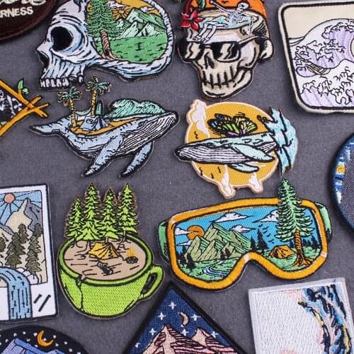 Adventure Travel Patches For Clothing Mountain Camping Badge Stripe DIY Whale Embroidery Patch Iron On Patches On Clothes Decor