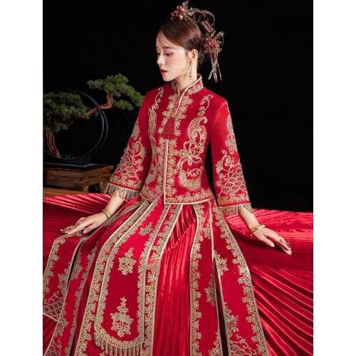 Banquet High-quaity Classic Cheongsam Qipao Bride Mandarin Collar Costume Embroidery Luxury Chinese Wedding Dress