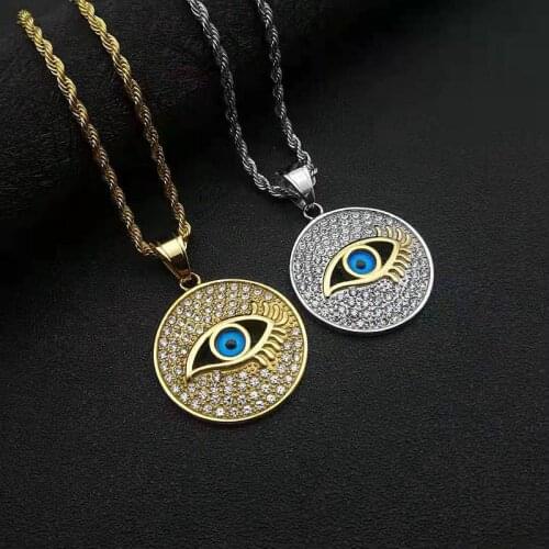 Eye Round Evil Eye Pendant Necklace Gold Silver Color with rhinestone Stainless Steel Necklace Jewelry for Woman Men Female