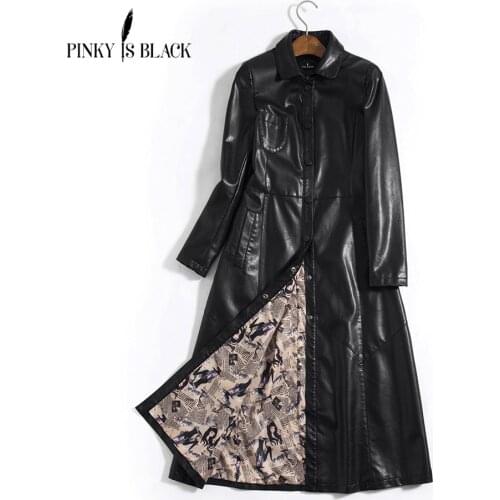 Pinky Is Black S-5XL X-long Leather Jacket Women 2019 Winter New Coat Female Fashion Solid Turn Down Collar Single Breasted