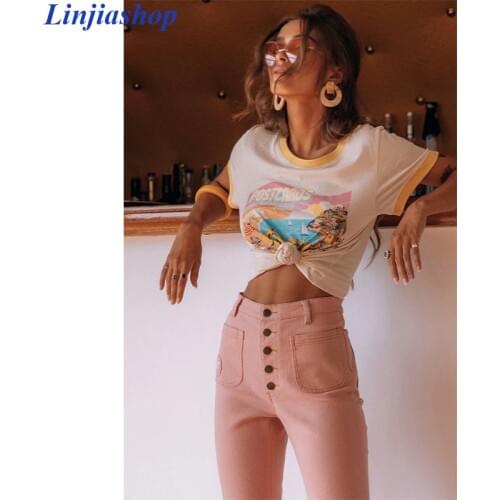 Casual Summer Beige Tshirt Cartoon O Neck Cotton T-Shirt For Girls Streetwear Designer Style Women Tees New Arrivals 2019