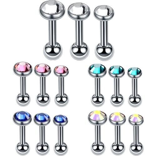 3pcs Steel Stud Earrings Tragus Cartilage Barbell with Gem Stone Fashion Ear Body Piercing Jewelry For Women 16 Gauge 1/4"