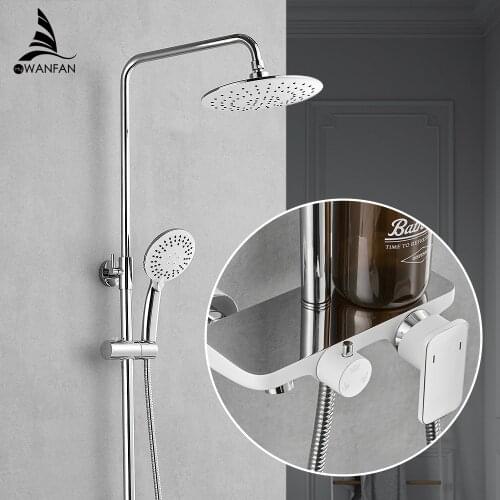 Shower Faucets Brass White Bathtub Faucet Square Tube Single Handle Top Rain Shower With Slide Bar Wall Water Mixer Tap 877012WL