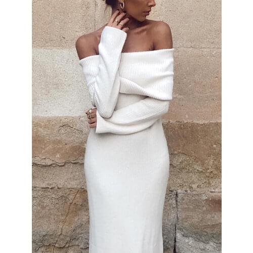 ZXQJ Vintage Women Elegant Off The Shouder Bomb Knitted Long Dresses 2021 Spring Fashion Ladies Slim Chic Dress Female Stylish