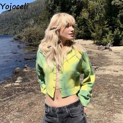 Yojoceli Elegant tie dye knitted winter cardigan Women warm cool autumn sweater outerwear Casual sexy knitting tops