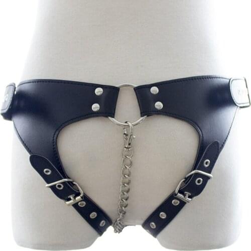 Female PU Leather Sexy Panties Thong Women Chastity Belt Open Crotch with Chain Sexy Lingerie Exotic Briefs Underwear for Couple