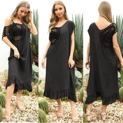 Womans Dress Black Hand Hook Flower Patchwork Loose Ruffled Sexy See-through Hollow-out Beach Dress Summer Dress Long Dress