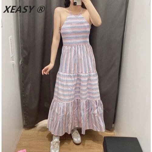 XEASY ZA Ladies Sweet Suspender Dress High Waist Suspender Striped Halter Mid-Length Dress Summer New Seaside Resort Beach Skirt