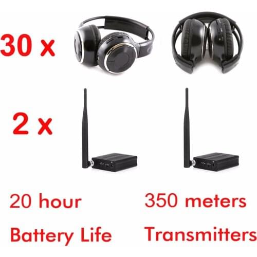 500m 3 channel wireless silent disco headphones - 30pcs foldable headphones + 2 pcs Transmitters
