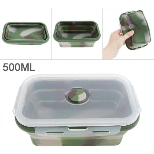 500ML Camouflage Color Portable Rectangle Silicone Scalable Folding Lunchbox Bento Box with Silicone Sealing Plug