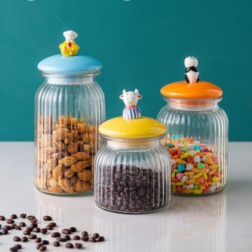 650-1350ml Mini Small Animal Storage Tank Kitchen Glass Container Chocolate Candy Biscuit Food Cow Panda Chef Lid Sealed Bottle