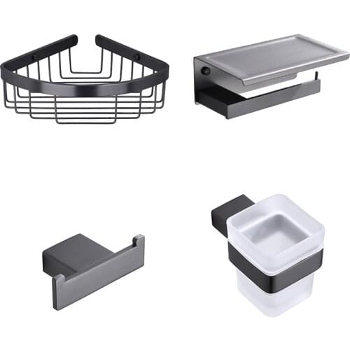 Bathroom Accessories Grey Color Towel Robe Hook Paper Shelf Teethbrush Cup and Tumbler Holder Corner Storage Basket Set Gunmetal