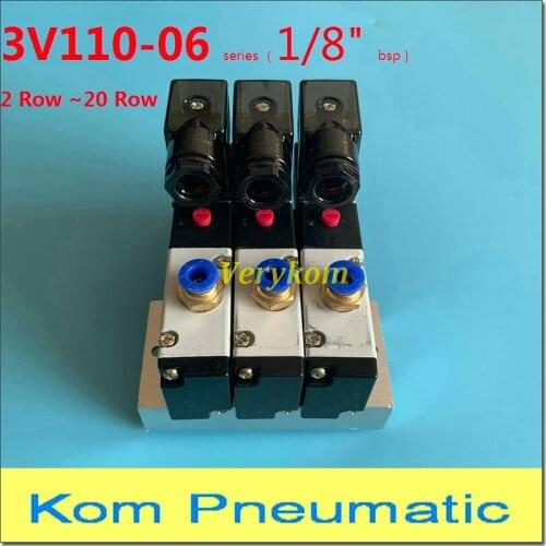 Multi 2 ~ 20 Row 3V110-06 Solenoid Valve Block With Muffler Fitting Base Manifold 1/8" bsp DC 12v 24v AC 110v 220v 3 port