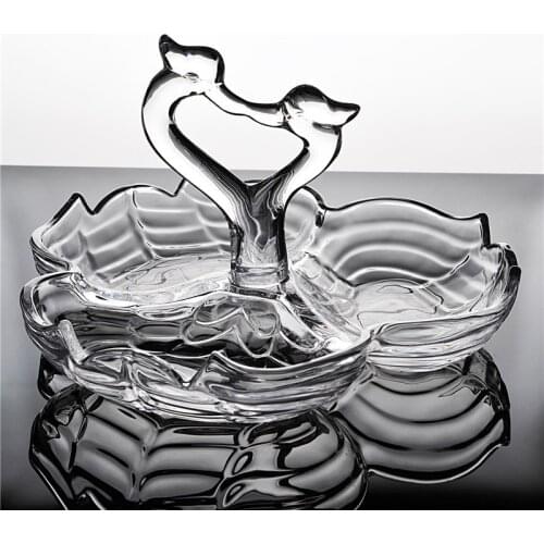 Crystal Glass Swan Couple Divisions Serving Dish Decorative Plate Kitchen Craft Ornament Tableware for Fruit, Candy and Crackers