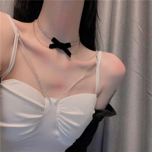 Korean Fashion Necklace Jewelry Black Bowknot Rhinestone Necklace Double Clavicle Chain Punk Gothic Necklace Women Wholesale