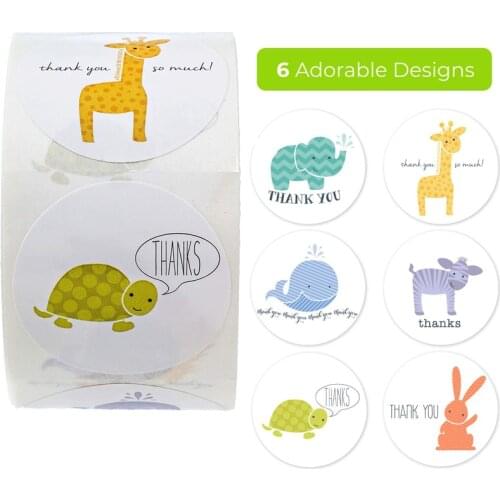 Adorable Cartoon Animals Cute Kids Thank You Stickers 1" Circle Children Student Reward Labels Sticker 500 per Pack Baby Shower