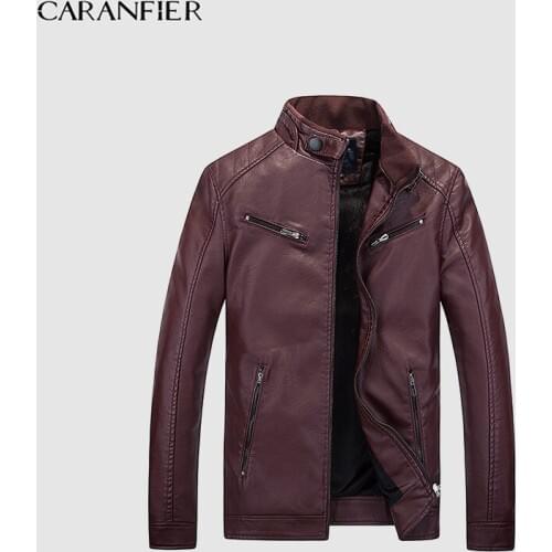 CARANFIER Men Leather Jackets Autumn Coats Men Plus Velvet Simple Faux PU Outerwear Biker Motorcycle Male Punk Jacket