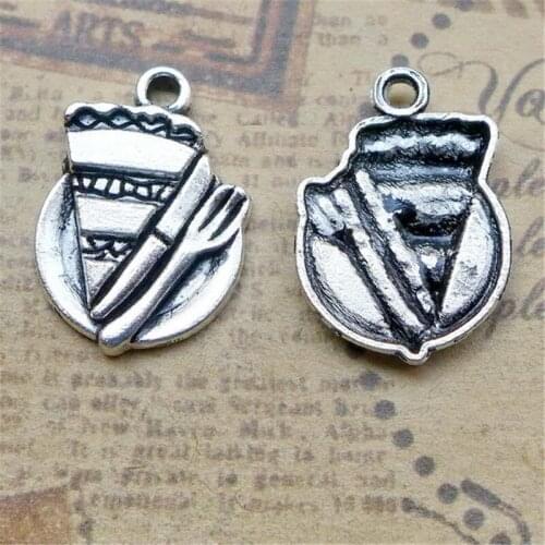 BULK 30 Zinc Alloy Antique Silver Plated Knide Fork Pizza Charms Dinner Food Themed DIY Bracelet Making 21*14mm 1.4g