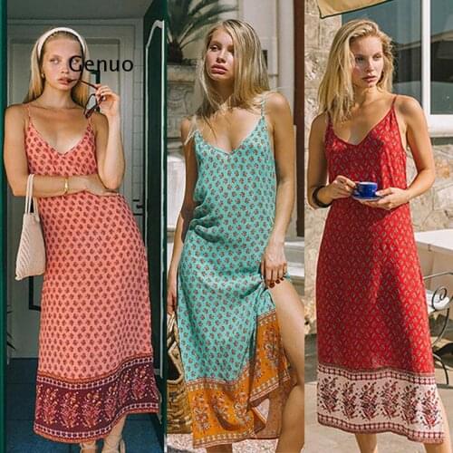 Sexy slit sides long women dresses vestidos Beach wear summer dress casual red floral print boho strap dresses robe