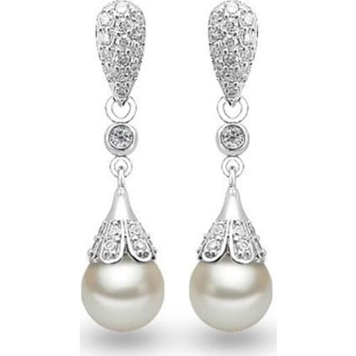 Fashion White Pearl Silver color Long Drop Earrings Round Pearl Bridal Party Wedding Jewelry for Women Brincos Pendientes