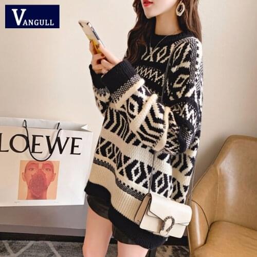 Vangull Women Striped Patchwork Knitted Sweater Autumn Loose European Style Thick knitted Pullover Sweater Casual Streetwear