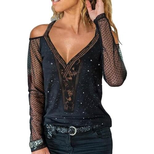 Women Lace T-shirt Top Sexy V-Neck Drawstring See-through Softness Mesh Black Long Sleeves for Home Tee Off Shoulder T Shirt