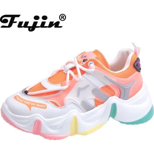 Fujin Women Sneakers Fashion Mixed Colors Thick Bottom Spring Breathable Round Toe Platform Leisure Sewing Lace Women Sneakers