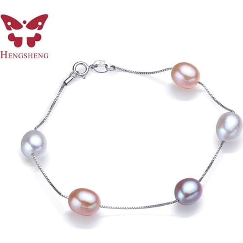 HENGSHENG Genuine 925 Sterling Silver Bracelet For Women 6-7mm/8-9mm Natural Freshwater Pearl Silver Chain Jewelry Gift
