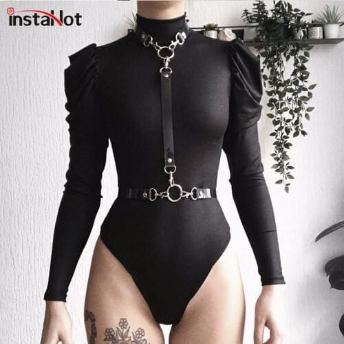 InstaHot Black Sexy Bodysuit Slim Puff Sleeve Turtleneck Long Sleeve Autumn Playsuit Party Club Casual Satin Bodysuit Streetwear