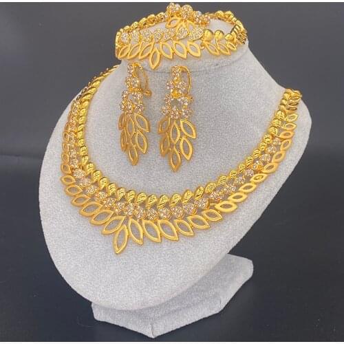 Gold Necklace Bracelet Earrings Ring With Stone 24k Dubai Jewelry Sets for Women Nigerian Ethiopian Wedding Gifts African Collar