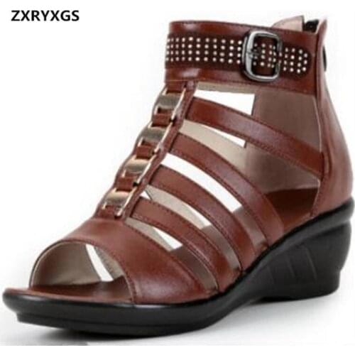ZXRYXGS Brand Sandals Casual Shoes Summer Women Sandals Plus Size 2020 New Rhinestone Real Leather Shoes Woman Fashion Sandals