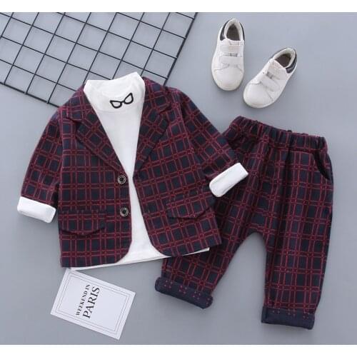 2020 Spring Children Suit Sets Boys Plaid Jackets Pants T-shirts 3pcs Clothing Sets Baby Kids Party Birthday Costume