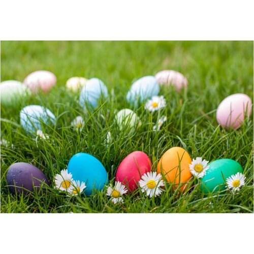 3x5ft Thin Fabric Computer Printed Photography Background Easter Colorful Eggs Grass Daisy Photo Backdrop for Photo Studio Props