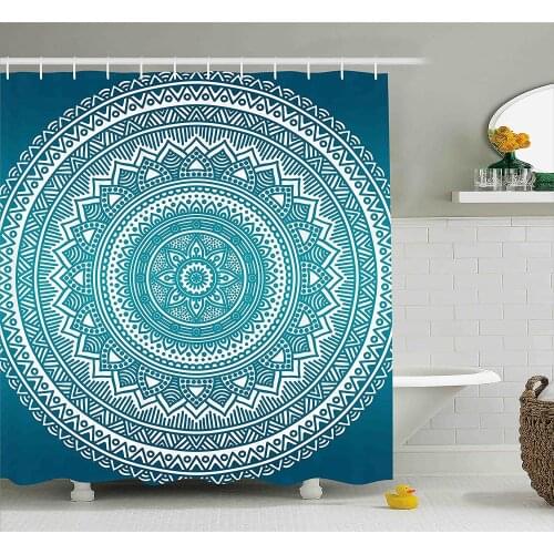 Turquoise Ombre Shower Curtain Mandala Medallion Starry with Flower in Middle Ethnic Ethnic Art Wall Decoration Hanging Curtains