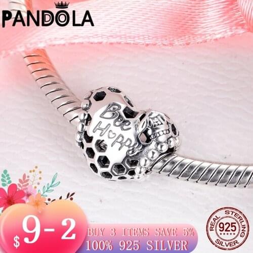 925 Sterling Silver Bee Happy Honeycomb Heart Charms Beads fit Original Pandora Charms Bracelet Bangle Jewelry Making DIY Gift