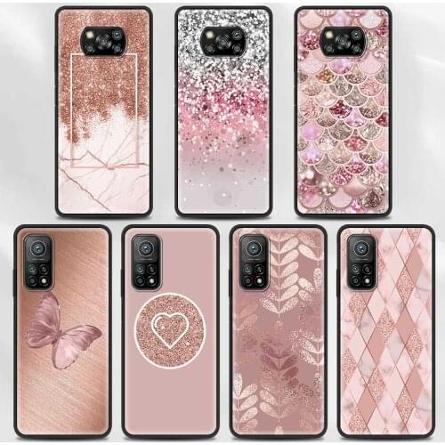Case For Xiaomi Poco F3 M3 X3 NFC F1 Shell SmartCase for Mi Note 10 Pro Lite Cover Guscio Fundas Gold Pink Rose Glitter Hearts