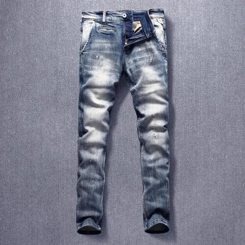 Newly Designer Fashion Men Jeans High Quality Retro Blue Elastic Slim Fit Ripped Jeans Men Streetwear Hip Hop Denim Punk Pants