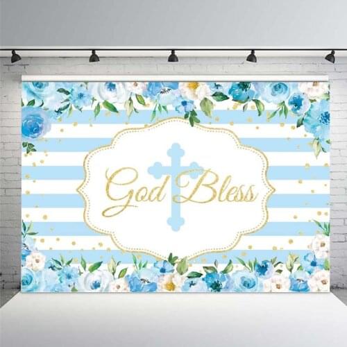 God Bless Blue Flower Little Boy First Communion Background Birthday Party Baby Shower Flower Shooting Background