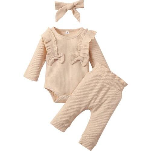 Clothes For Newborns Solid Color Long Sleeve Rib Knit Bow Front Romper Pants Headband 3Pcs Cotton Clothing For Girls 0-24M Set