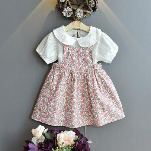 Girls Summer Floral Dress 2 Piece Set Children Pastoral Clothes Doll Lapel Blouse + Suspender Dresses For 90cm-130cm