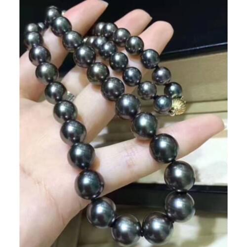 Round 17" 9-10mm REAL freshwater black pearl necklace 925silver Gold
