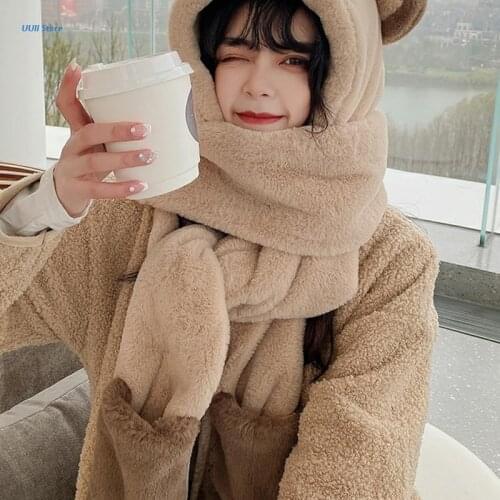 Bear Hat -One -Piece Ear Protection Hooded Gloves Wind Protection with Ears Plush Made with Gloves Warm Keeping