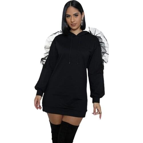 Fashion Casual Solid Color Ruffled Full Sleeve High Waist T-shirt Dress For Women Black All-match Hooded Long Tees Mini Drees