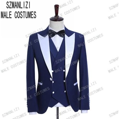Fashion Blue Men Suits 2019 Slim Fit Wedding Suits For Men White Peaked Lapel Formal Groom Tuxedos Party Prom Blazer 3 Piece
