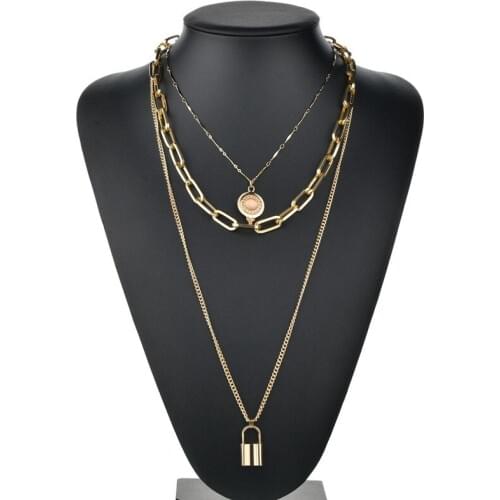 Fashion MultiLayer Lock Pendants Necklaces For Women Long Chain Gold Metal Round Coin Necklace New Design Jewelry Gift