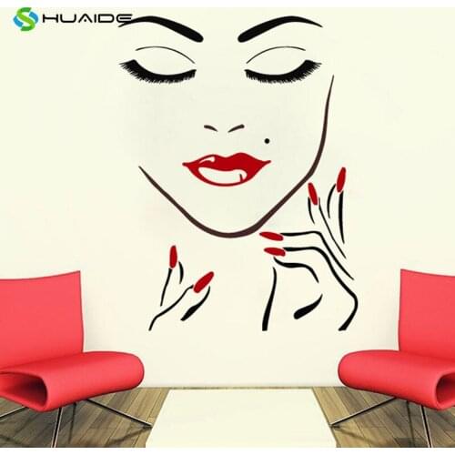 Wall Decals Beauty Salon Girl Face Hand Manicure Nail Lips Long Lashes Closeup Makeup Decal Vinyl Sticker Beauty Salon Decor 763