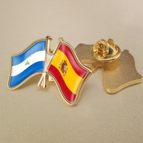 Nicaragua and Spain Crossed Double Friendship Flags Lapel Pins Brooch Badges
