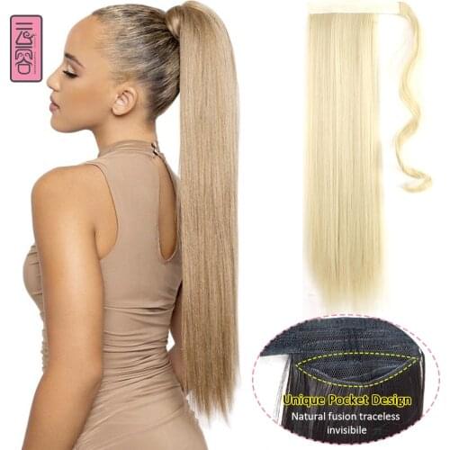 Yunrong 24Inches Long Straight Wrap Around Clip In Ponytail Synthetic Hair For Women Wavy Hair False Hair Ponytail Hairpiece